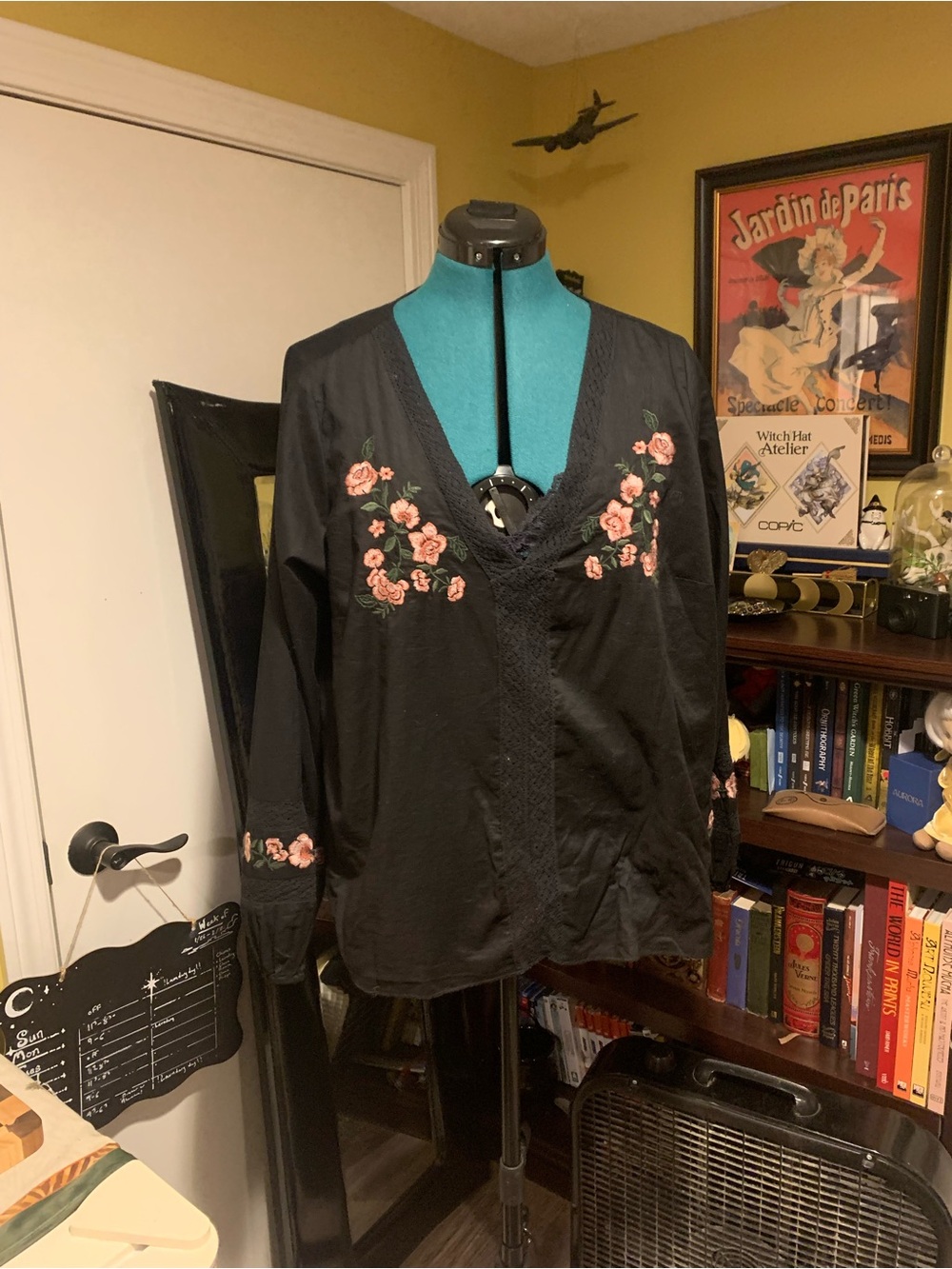 Torrid’s Festi Black V-Neck Blouse with Pink Rose Embroidery